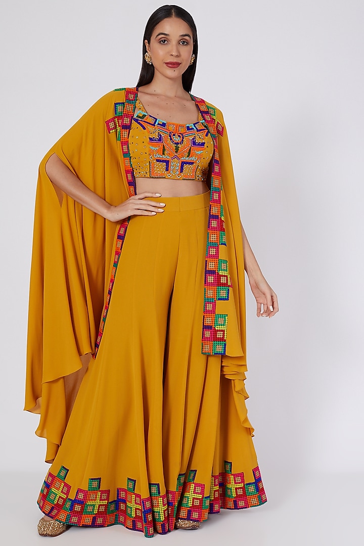 Yellow Embroidered Cape Set by Kaaisha by Shalini