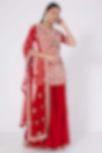 Red Linen Silk Sharara Set by Kaaisha by Shalini