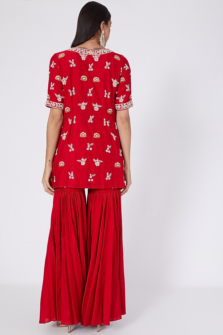 Red Linen Silk Wedding Sharara Set by Kaaisha by Shalini at Pernia's Pop Up Shop