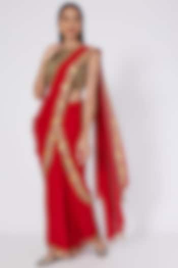 Red Embroidered Draped Saree by Kaaisha by Shalini