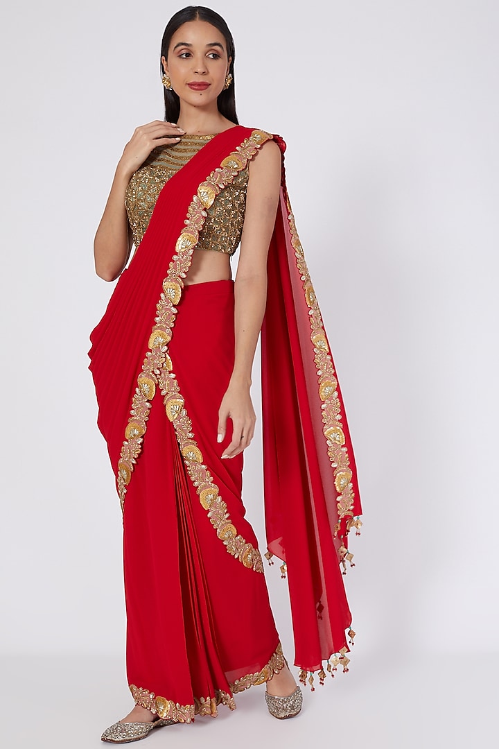Red Embroidered Draped Saree by Kaaisha by Shalini