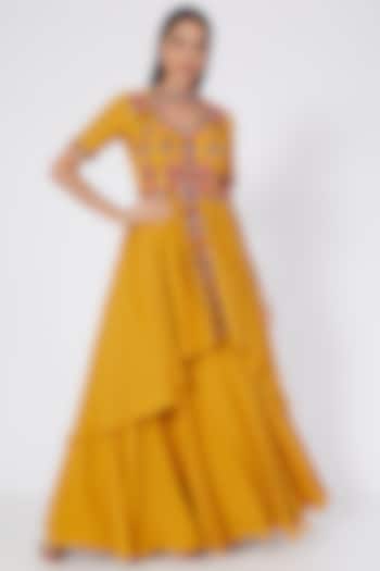 Yellow Embroidered Front Open Tunic Set by Kaaisha by Shalini