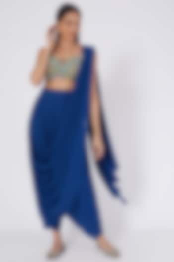 Blue Georgette Draped Saree Set by Kaaisha by Shalini