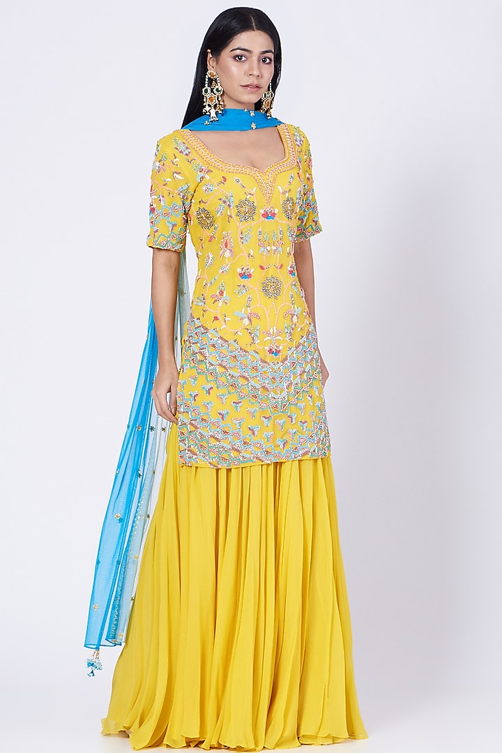 Yellow Georgette Sharara Set by Kaaisha by Shalini