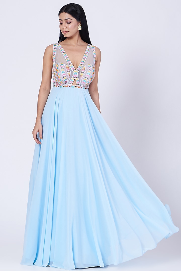 Ice Blue Embroidered Gown by Kaaisha by Shalini