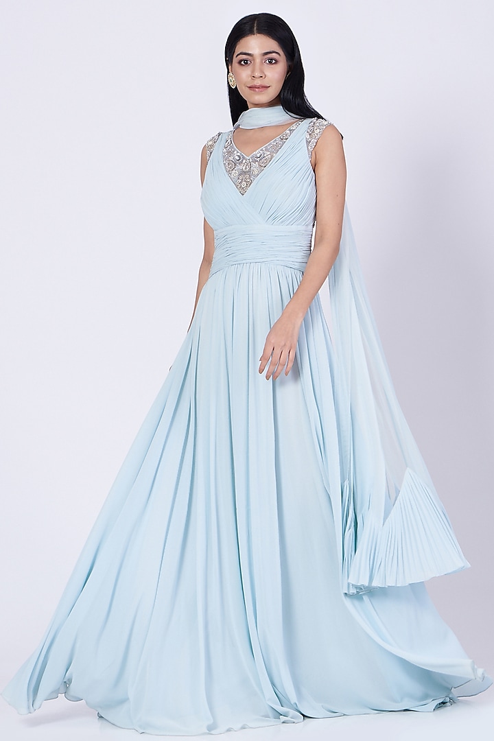 Ice Blue Hand Embroidered Pleated Gown With Stole by Kaaisha by Shalini