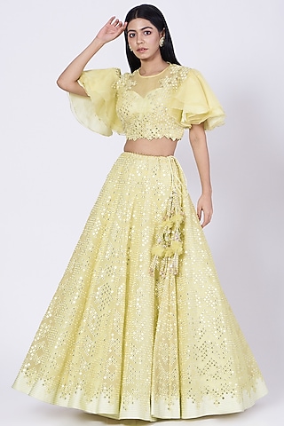 Lime Yellow Organza Lehenga Set by Kaaisha by Shalini