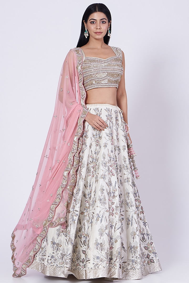 White Hand Embroidered Bridal Lehenga Set by Kaaisha by Shalini at Pernia's Pop Up Shop