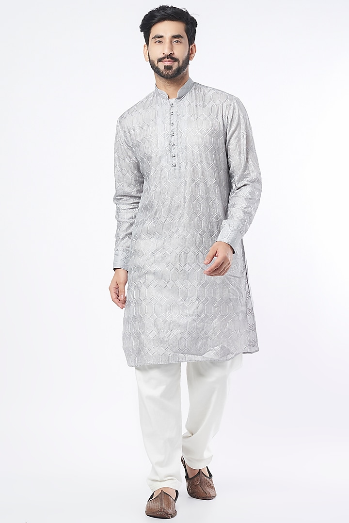 Stone Grey Lucknowi Kurta Set by KAAJ Button at Pernia's Pop Up Shop