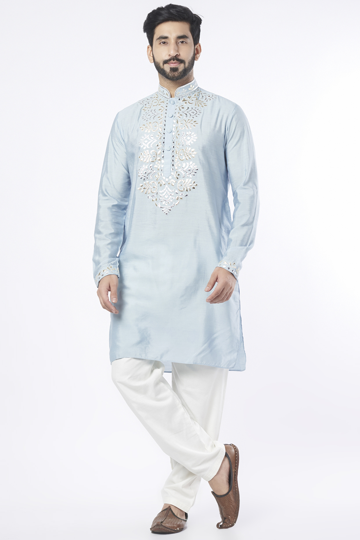 Ice Blue Cotton Silk Kurta Set by KAAJ Button at Pernia's Pop Up Shop