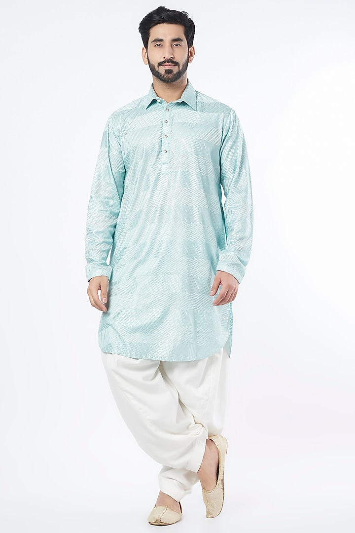 Powder Blue Chanderi Kurta Set by KAAJ Button at Pernia's Pop Up Shop