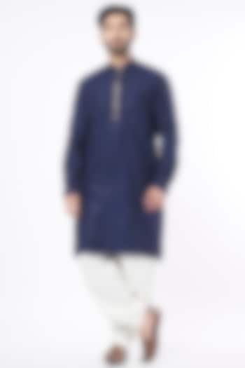 Deep Navy Blue Silk Kurta Set by KAAJ Button at Pernia's Pop Up Shop