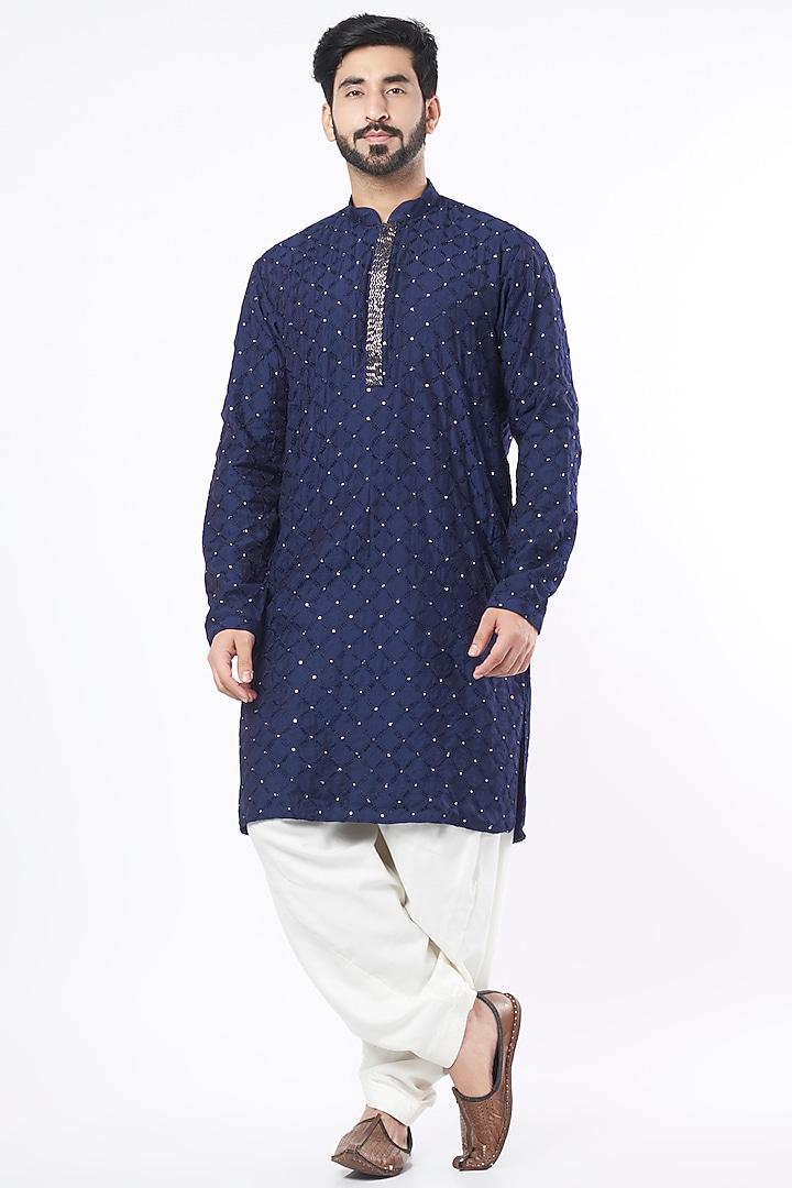Deep Navy Blue Silk Kurta Set by KAAJ Button at Pernia's Pop Up Shop