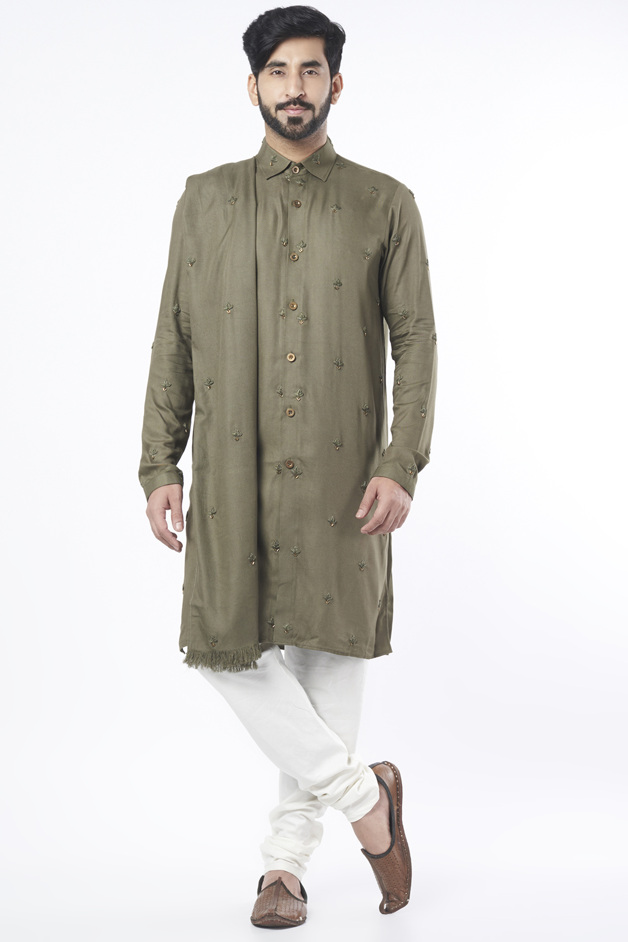 Military Green Kurta Set With Stole by KAAJ Button at Pernia's Pop Up Shop