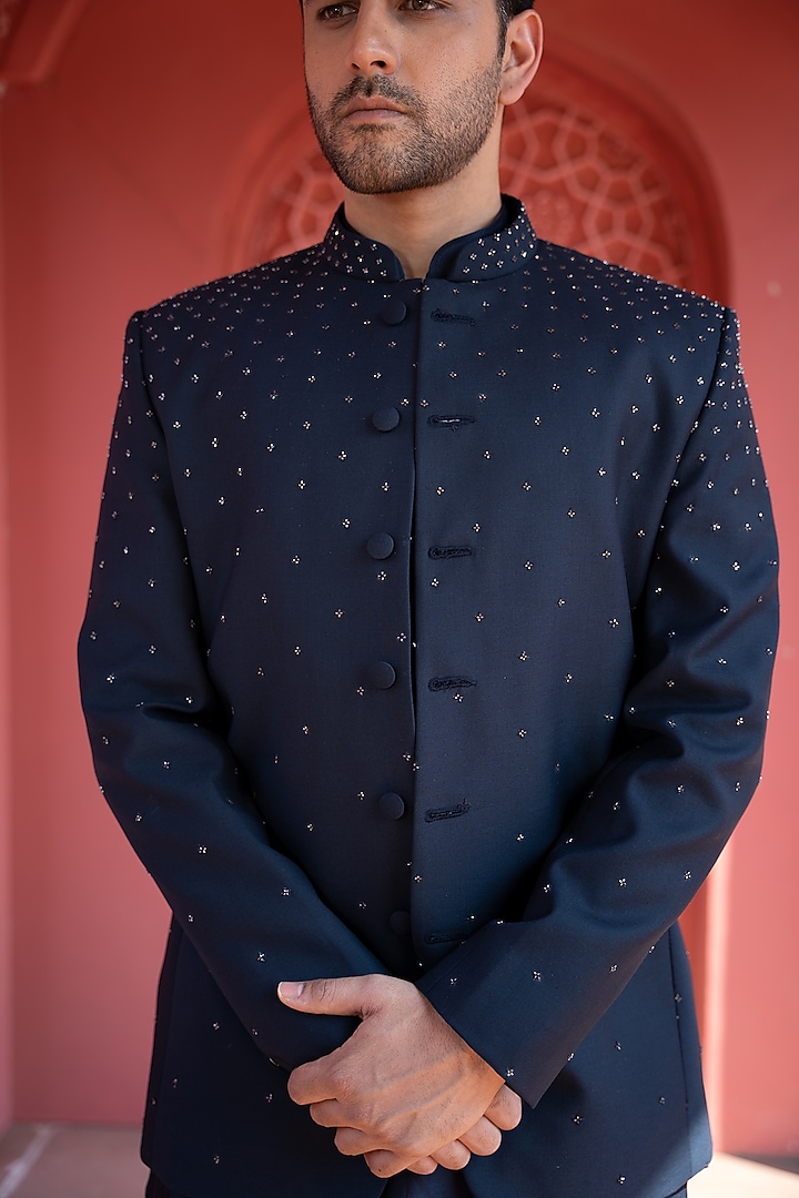 Navy Blue Suiting & Chanderi Silk Embroidered Bandhgala Set by KAAJ Button at Pernia's Pop Up Shop