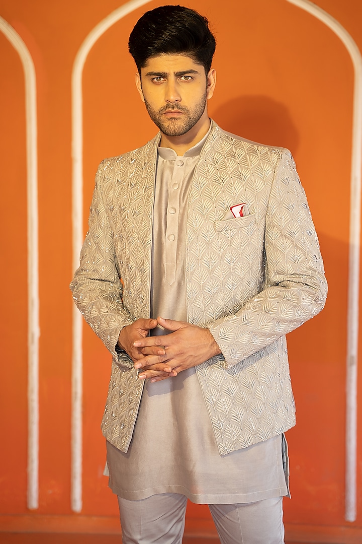 Champagne Suiting Embroidered Jodhpuri Set by KAAJ Button