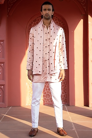 Powder Pink Satin Linen Embroidered Kurta Set by KAAJ Button