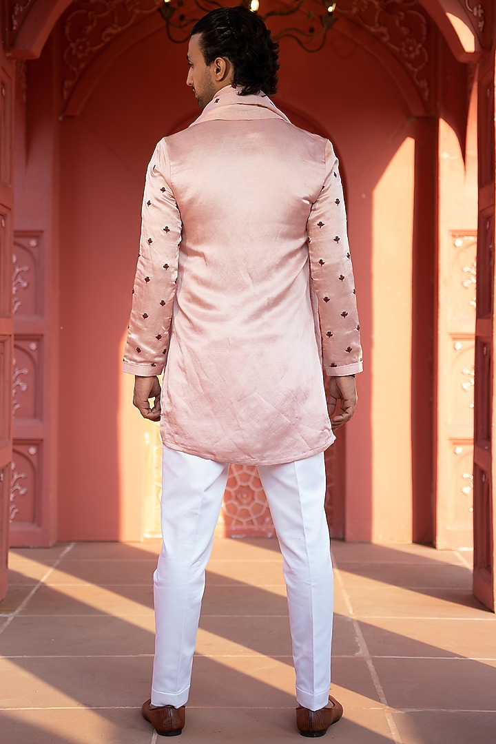 Powder Pink Satin Linen Embroidered Kurta Set by KAAJ Button at Pernia's Pop Up Shop