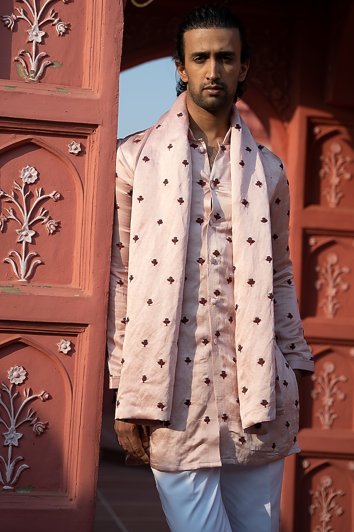 Powder Pink Satin Linen Embroidered Kurta Set by KAAJ Button at Pernia's Pop Up Shop