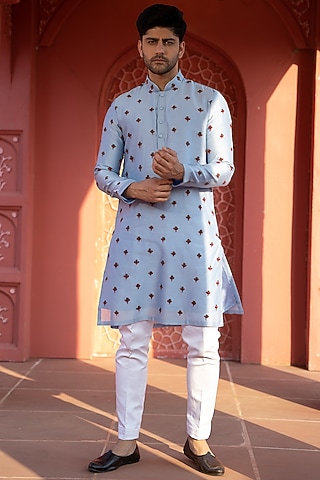 Ice Blue Chanderi Silk Embroidered Kurta Set by KAAJ Button