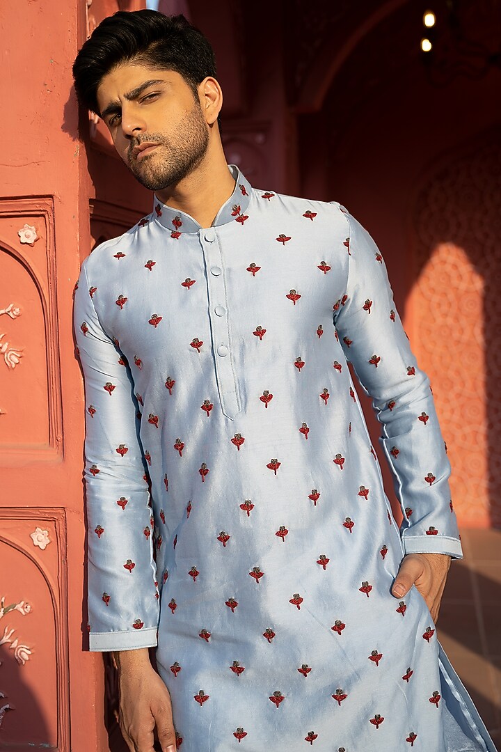 Ice Blue Chanderi Silk Embroidered Kurta Set by KAAJ Button at Pernia's Pop Up Shop