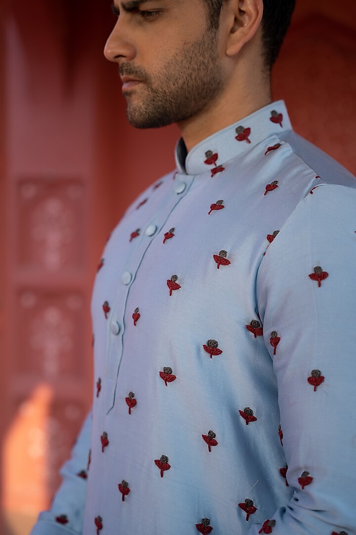Ice Blue Chanderi Silk Embroidered Kurta Set by KAAJ Button at Pernia's Pop Up Shop