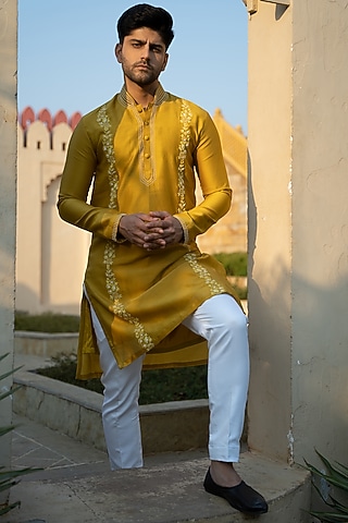 Mustard Chanderi Silk Embroidered Kurta Set by KAAJ Button
