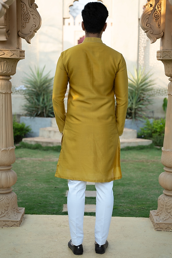 Mustard Chanderi Silk Embroidered Kurta Set by KAAJ Button at Pernia's Pop Up Shop