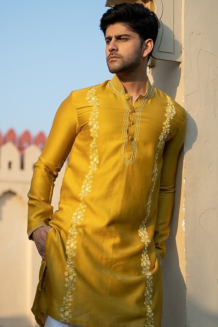 Mustard Chanderi Silk Embroidered Kurta Set by KAAJ Button at Pernia's Pop Up Shop