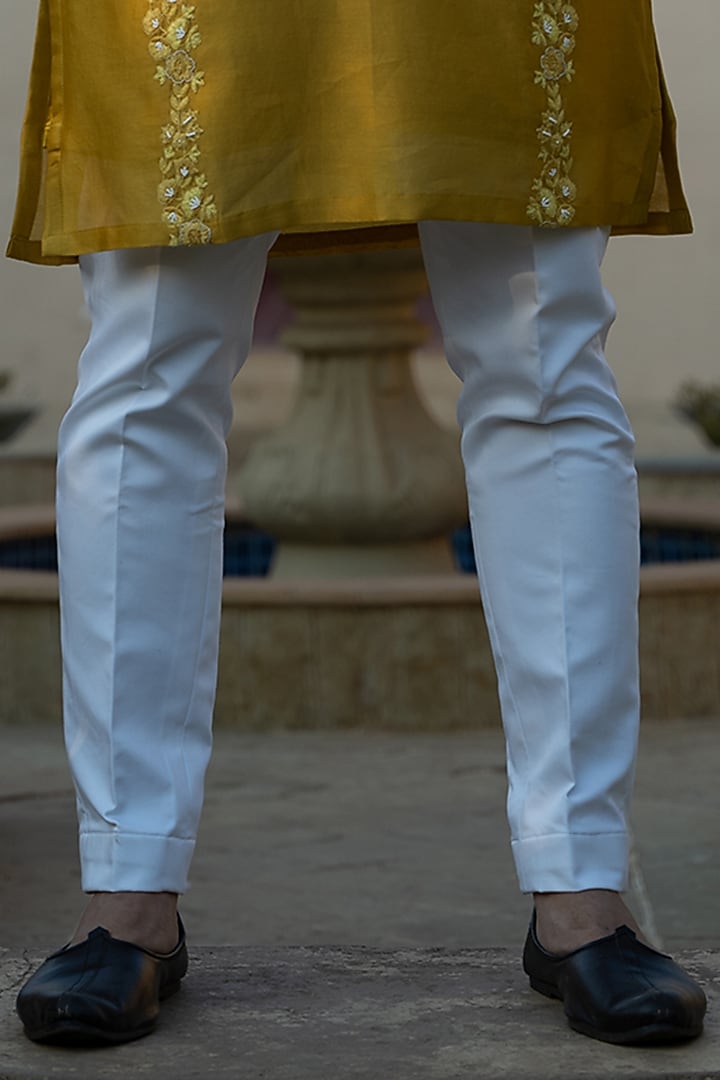 Mustard Chanderi Silk Embroidered Kurta Set by KAAJ Button at Pernia's Pop Up Shop