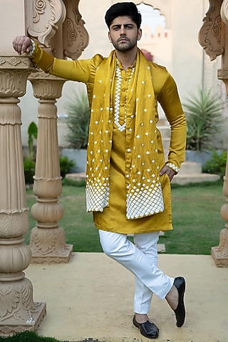 Mustard Satin Linen Embroidered Kurta Set by KAAJ Button