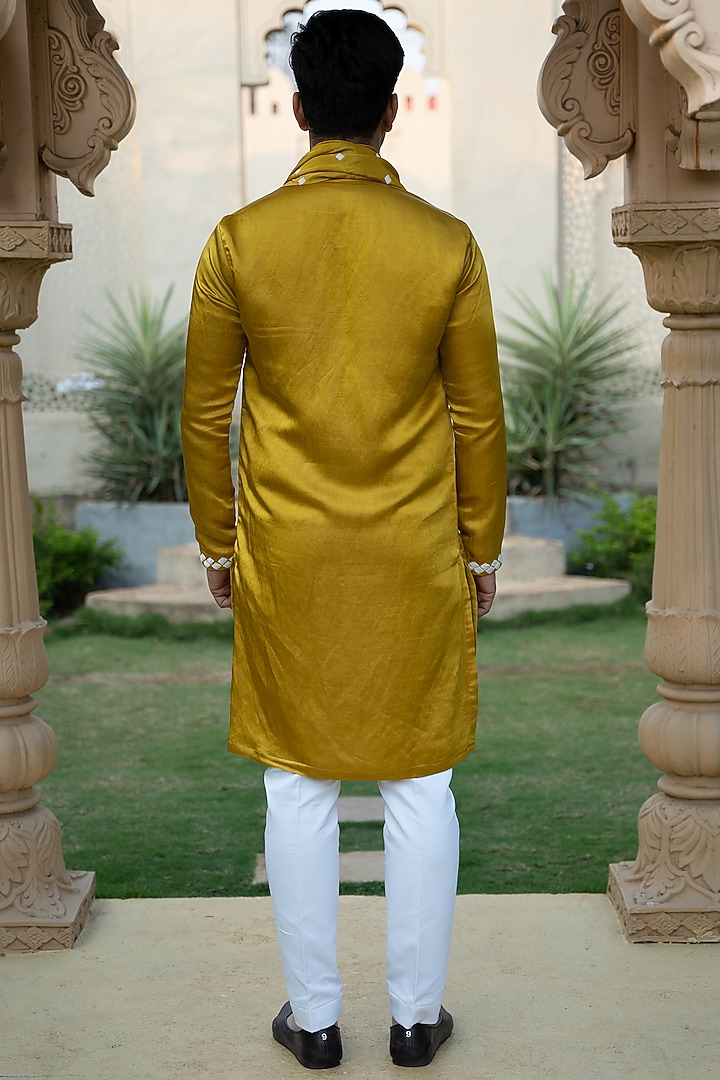 Mustard Satin Linen Embroidered Kurta Set by KAAJ Button at Pernia's Pop Up Shop