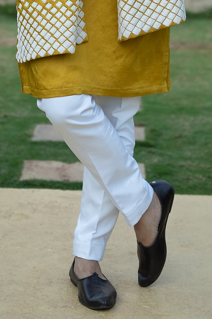 Mustard Satin Linen Embroidered Kurta Set by KAAJ Button at Pernia's Pop Up Shop