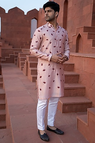 Powder Pink Chanderi Silk Embroidered Kurta Set by KAAJ Button