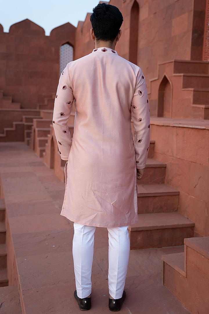 Powder Pink Chanderi Silk Embroidered Kurta Set by KAAJ Button at Pernia's Pop Up Shop