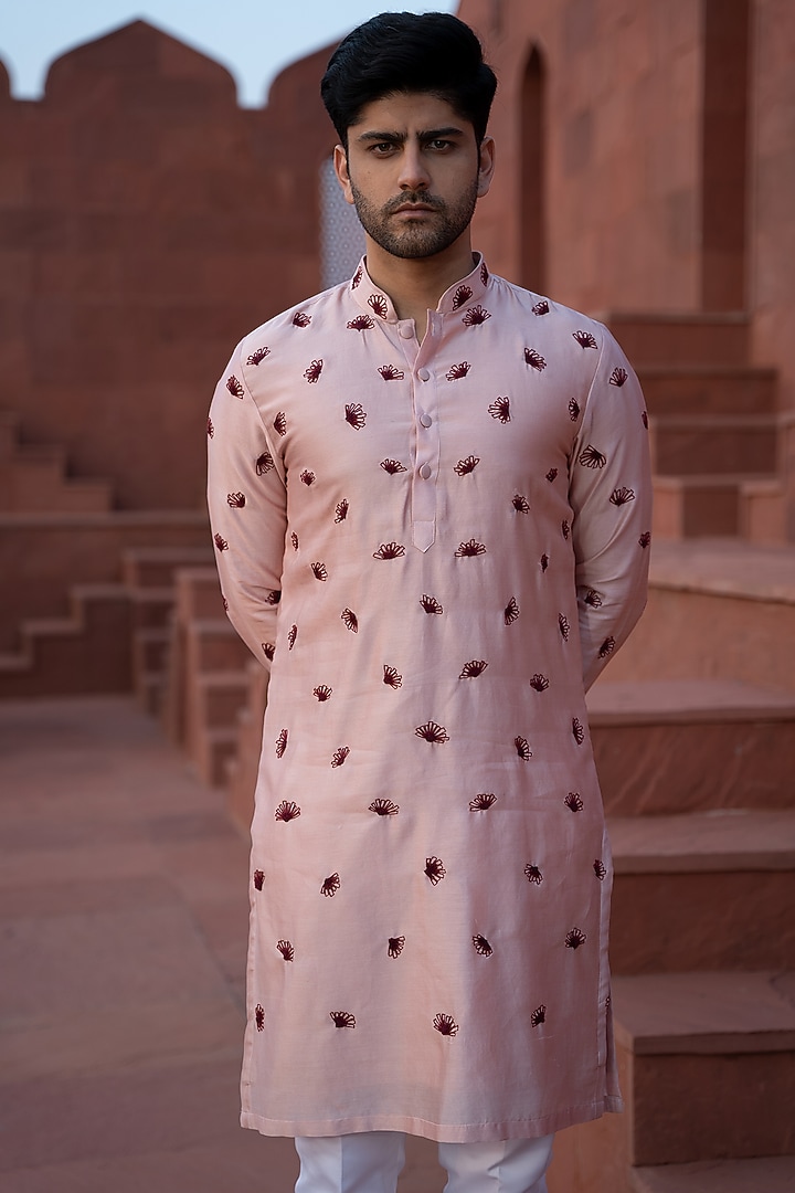 Powder Pink Chanderi Silk Embroidered Kurta Set by KAAJ Button at Pernia's Pop Up Shop