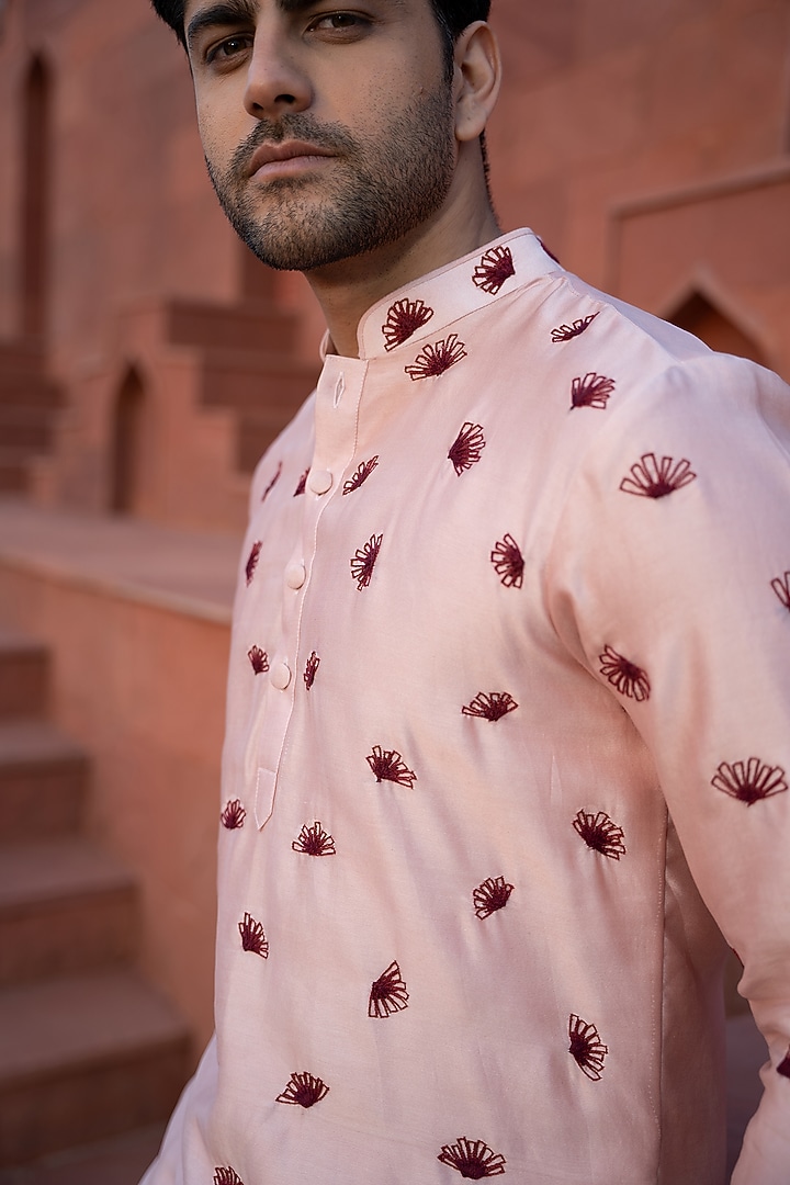 Powder Pink Chanderi Silk Embroidered Kurta Set by KAAJ Button at Pernia's Pop Up Shop