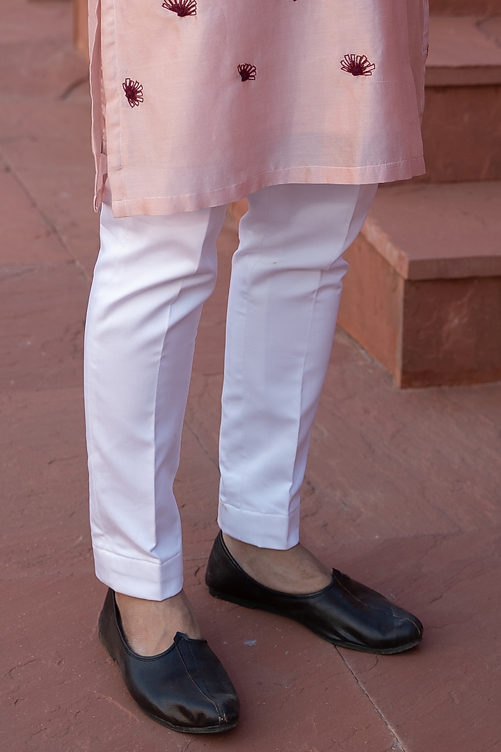 Powder Pink Chanderi Silk Embroidered Kurta Set by KAAJ Button at Pernia's Pop Up Shop