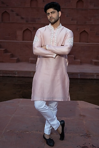 Powder Pink Satin Linen Embroidered Kurta Set by KAAJ Button
