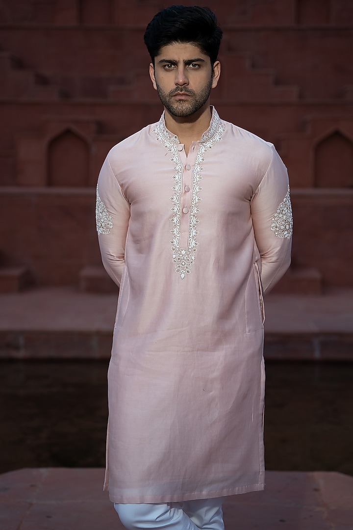 Powder Pink Satin Linen Embroidered Kurta Set by KAAJ Button at Pernia's Pop Up Shop