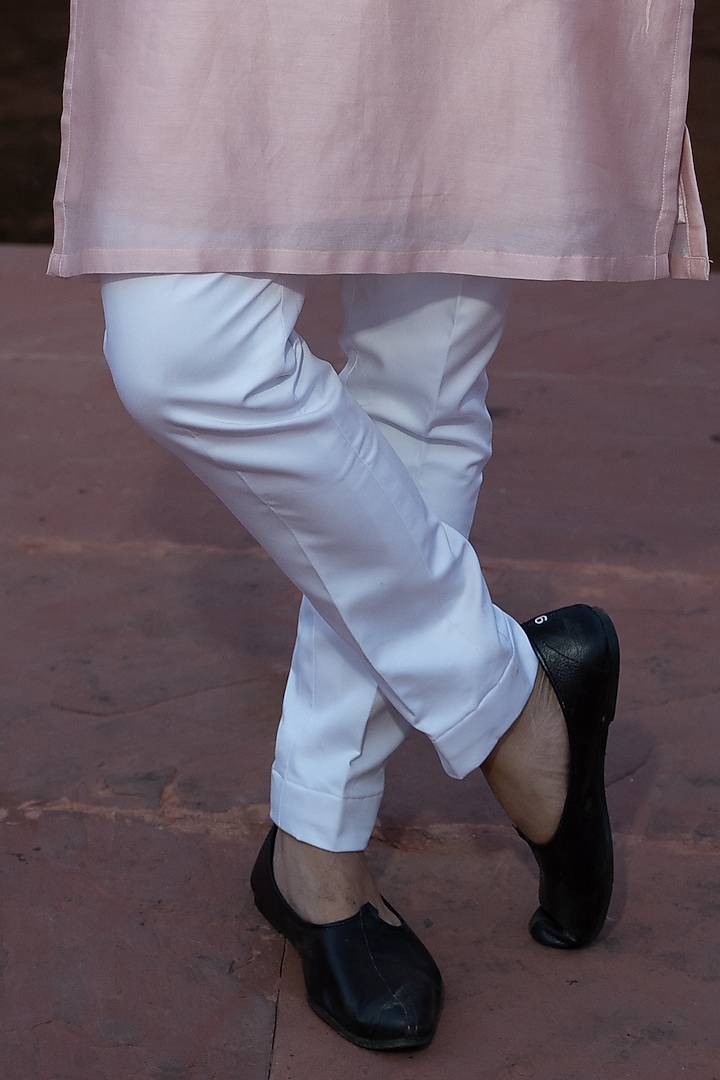 Powder Pink Satin Linen Embroidered Kurta Set by KAAJ Button at Pernia's Pop Up Shop