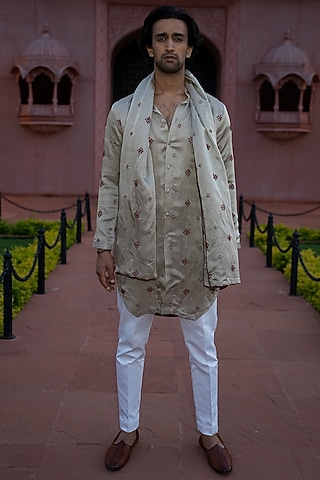 Champagne Satin Linen Embroidered Kurta Set by KAAJ Button