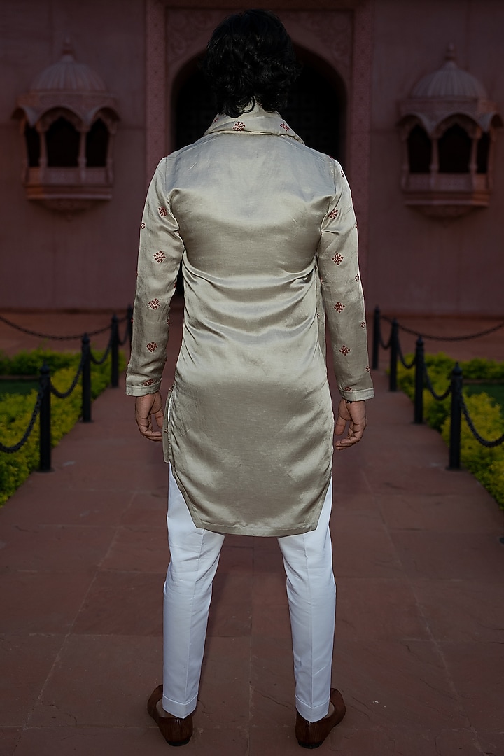 Champagne Satin Linen Embroidered Kurta Set by KAAJ Button at Pernia's Pop Up Shop