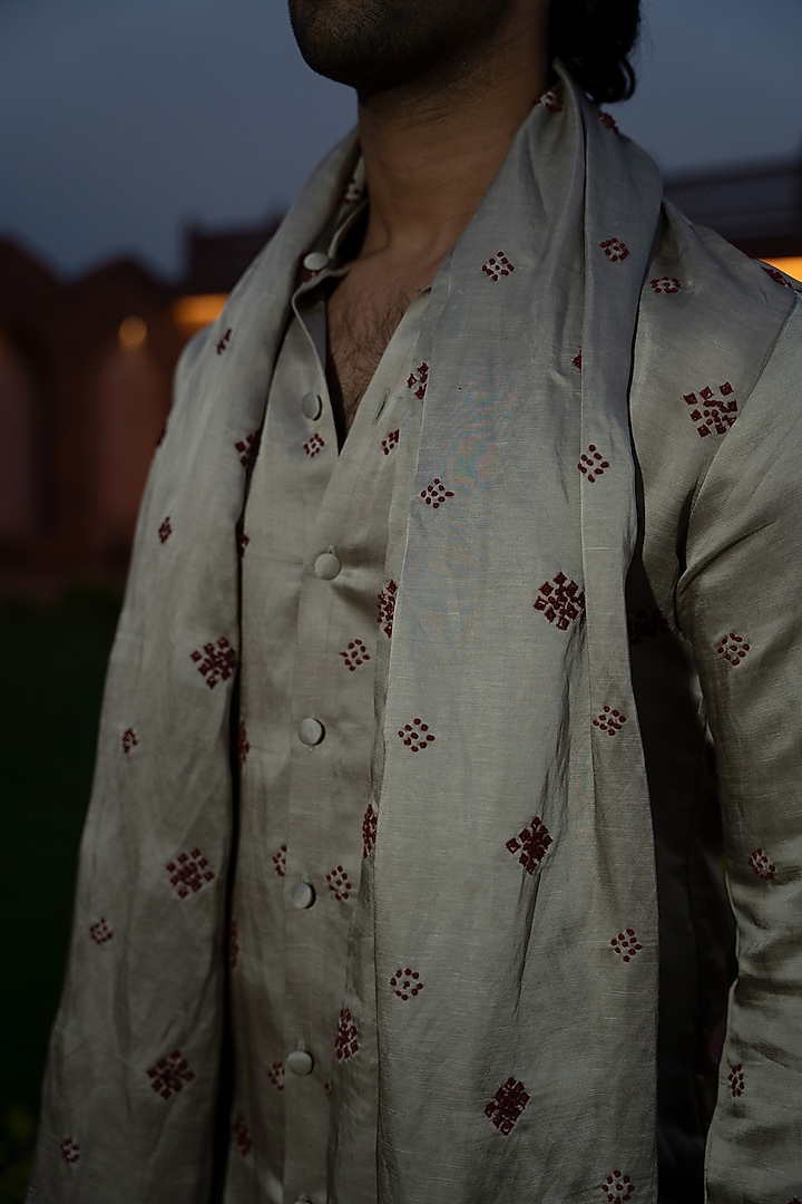 Champagne Satin Linen Embroidered Kurta Set by KAAJ Button at Pernia's Pop Up Shop