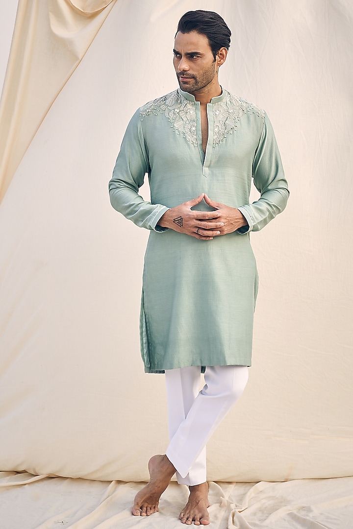 Aqua Green Chanderi Silk Embroidered Kurta Set by KAAJ Button