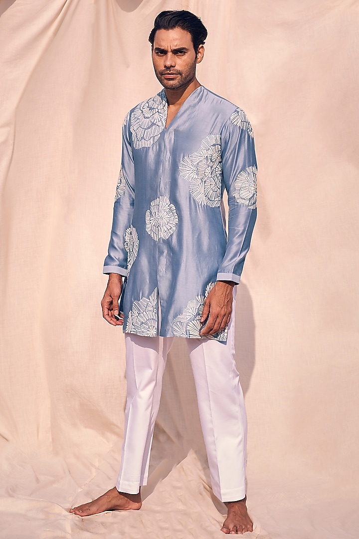 Blue Chanderi Silk Floral Embroidered Short Kurta Set by KAAJ Button