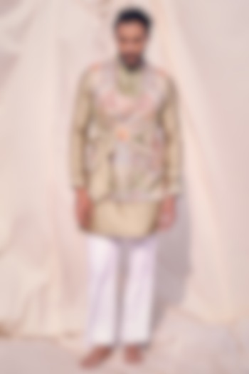 Green Organza Mirror Embroidered Tie-Up Bundi Jacket Set by KAAJ Button at Pernia's Pop Up Shop