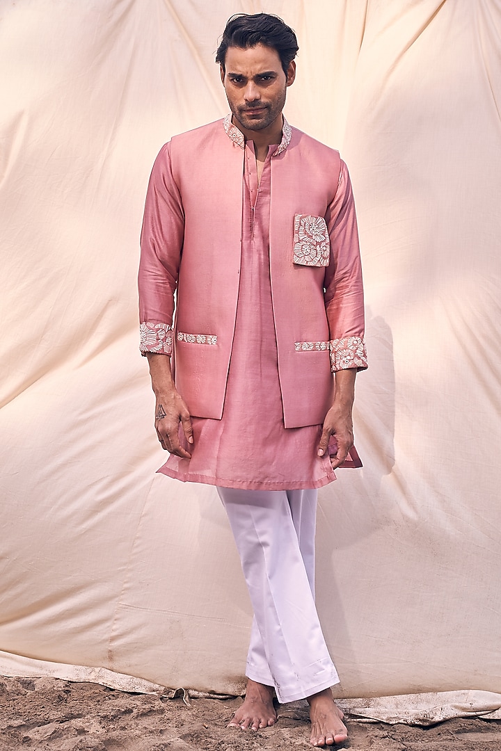 Pink Chanderi Silk Embroidered Indowestern Set by KAAJ Button