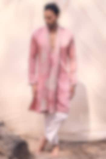 Pink Satin Linen Kurta Set by KAAJ Button