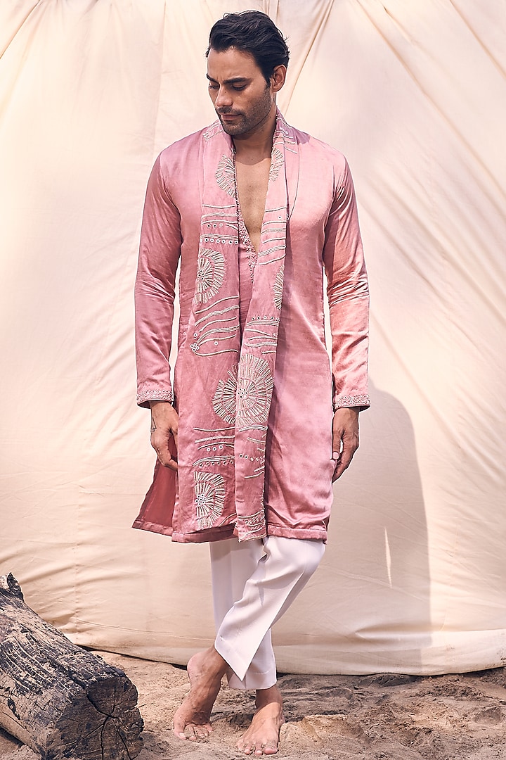 Pink Satin Linen Kurta Set by KAAJ Button